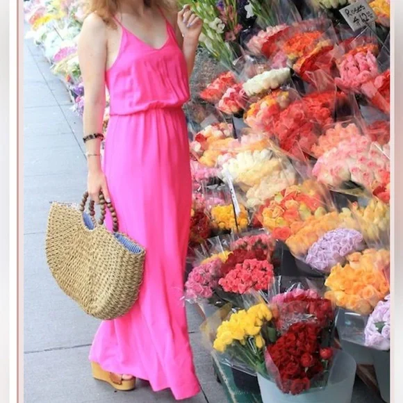 knee length dresses for ladies Amanda Uprichard Hot Pink Silk Maxi Dress with Ruffled Neckline – SilkRoll main image 0
